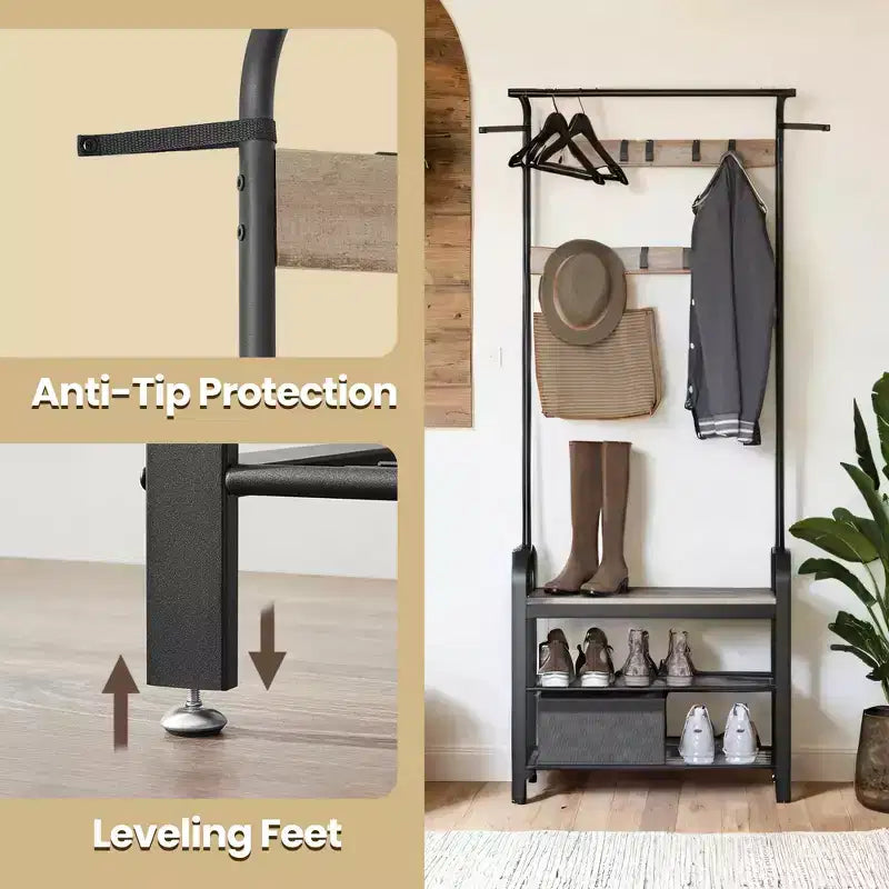 Porte-manteau avec rangement pour chaussures pour entrée, 9 crochets robustes, banc à chaussures pour petites entrées, appartements