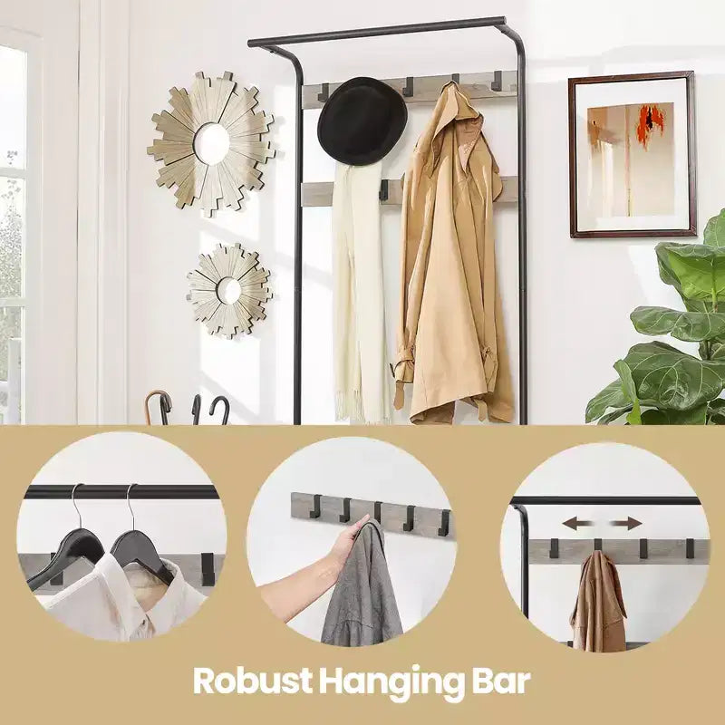 Porte-manteau avec rangement pour chaussures pour entrée, 9 crochets robustes, banc à chaussures pour petites entrées, appartements