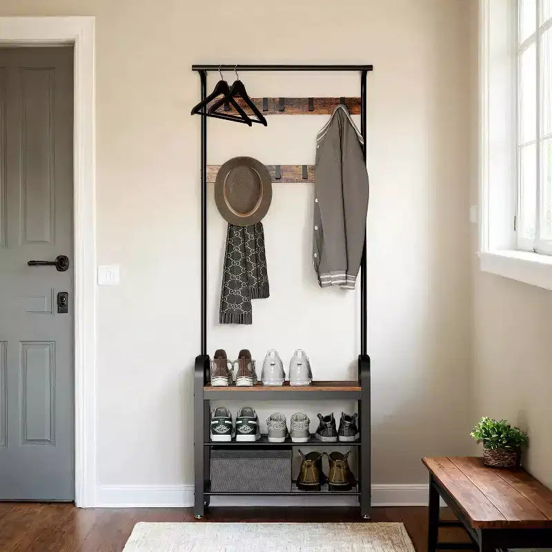 Porte-manteau avec rangement pour chaussures pour entrée, 9 crochets robustes, banc à chaussures pour petites entrées, appartements