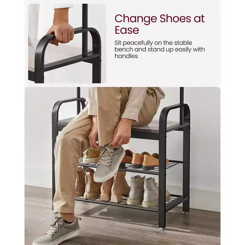 Porte-manteau avec rangement pour chaussures pour entrée, 9 crochets robustes, banc à chaussures pour petites entrées, appartements