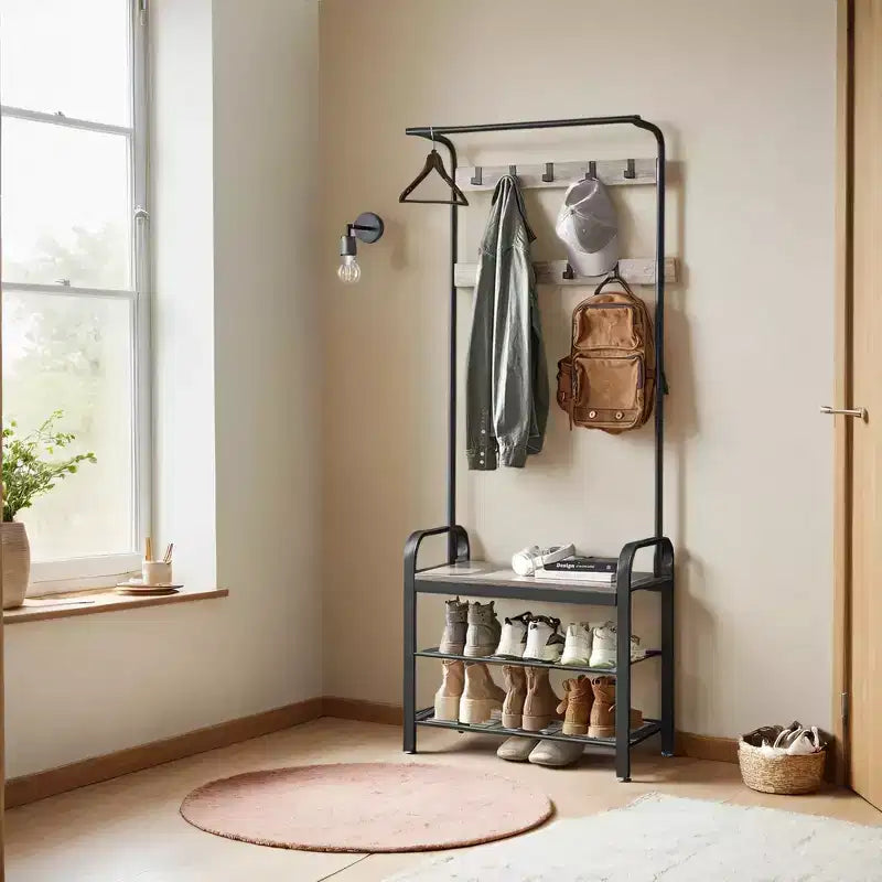 Porte-manteau avec rangement pour chaussures pour entrée, 9 crochets robustes, banc à chaussures pour petites entrées, appartements