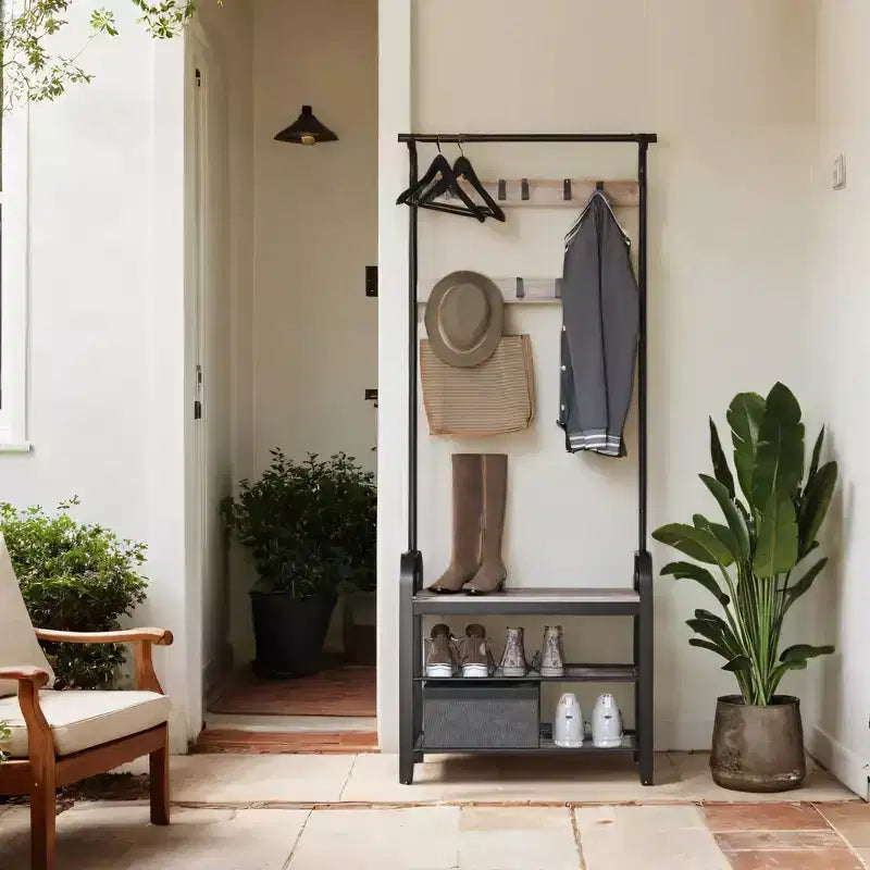 Porte-manteau avec rangement pour chaussures pour entrée, 9 crochets robustes, banc à chaussures pour petites entrées, appartements
