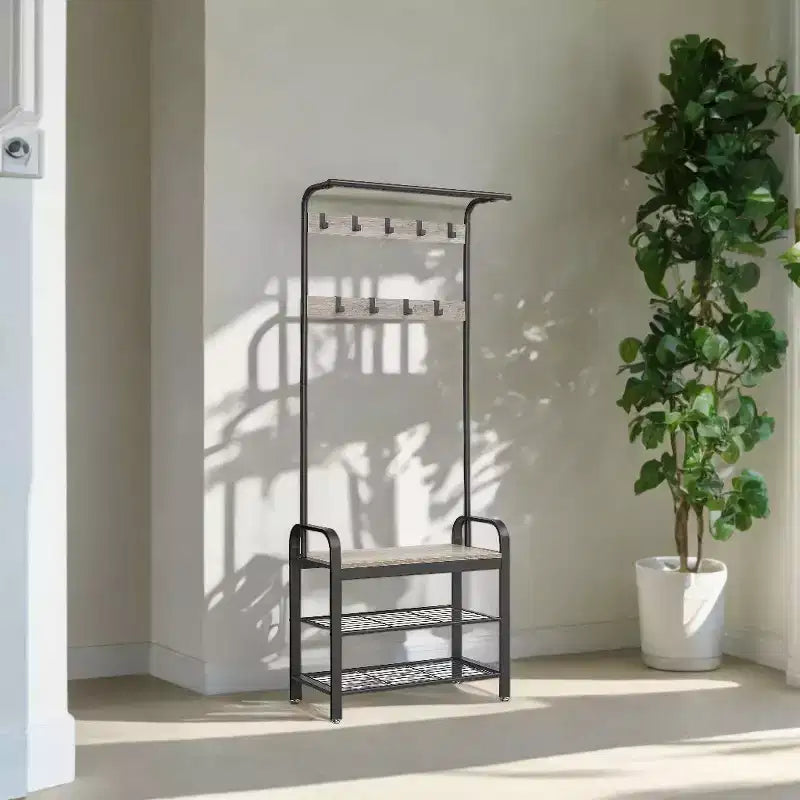 Coat Rack with Shoe Storage for Entryway, 9 Sturdy Hooks, Hall Tree Shoe Bench for Small Spaces, Apartments