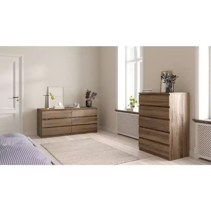 Commode double 6 tiroirs, chêne truffe