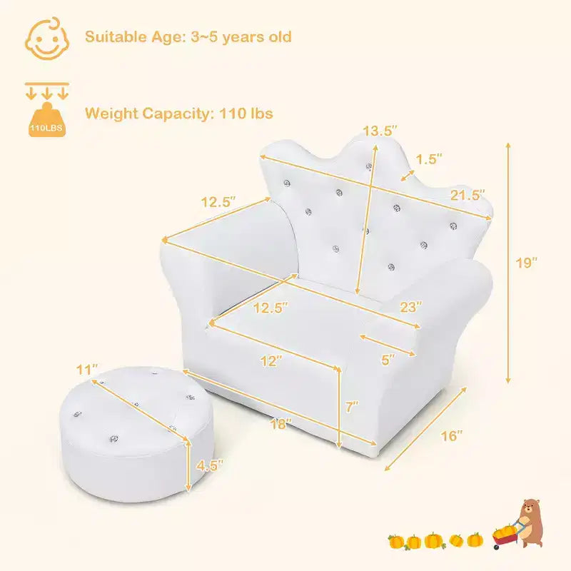 Canapé pour Enfants, Causeuse pour Tout-petits, Fauteuil Princesse, Cadeau pour Enfants avec Ottoman Blanc/Rose