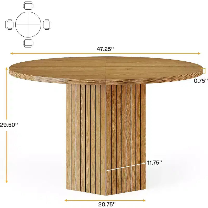 Table à manger en bois pour salle à manger, table ronde de 119 cm pour 4 personnes avec pied central et plateau rond en chêne