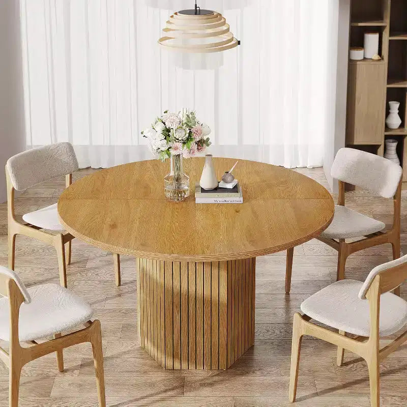 Table à manger en bois pour salle à manger, table ronde de 119 cm pour 4 personnes avec pied central et plateau rond en chêne