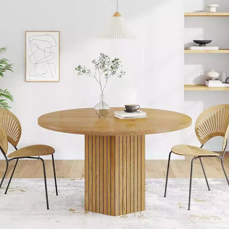 Table à manger en bois pour salle à manger, table ronde de 119 cm pour 4 personnes avec pied central et plateau rond en chêne