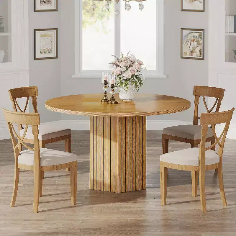 Table à manger en bois pour salle à manger, table ronde de 119 cm pour 4 personnes avec pied central et plateau rond en chêne