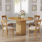 Table à manger en bois pour salle à manger, table ronde de 119 cm pour 4 personnes avec pied central et plateau rond en chêne