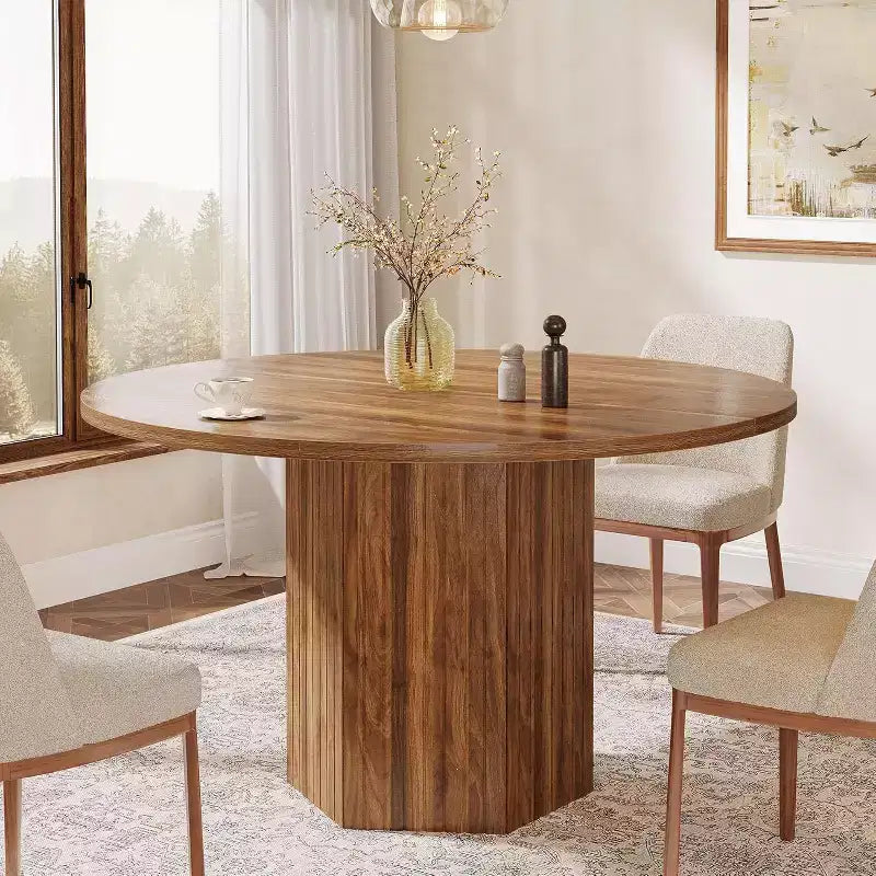 Table à manger en bois pour salle à manger, table ronde de 119 cm pour 4 personnes avec pied central et plateau rond en chêne