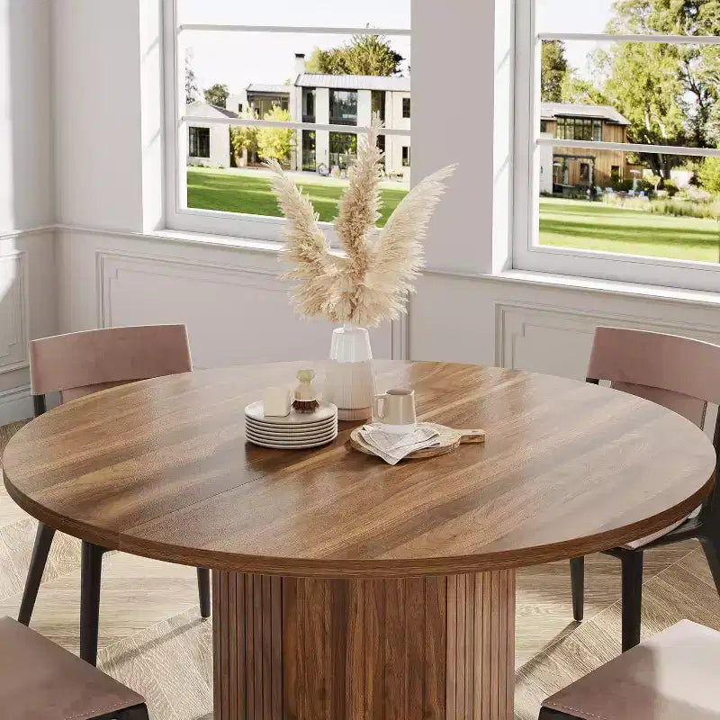 Table à manger en bois pour salle à manger, table ronde de 119 cm pour 4 personnes avec pied central et plateau rond en chêne