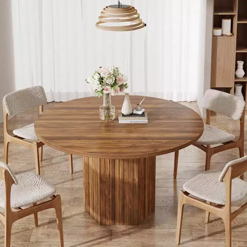 Table à manger en bois pour salle à manger, table ronde de 119 cm pour 4 personnes avec pied central et plateau rond en chêne