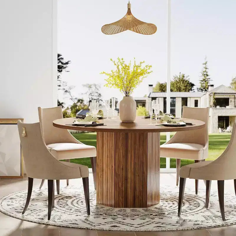 Table à manger en bois pour salle à manger, table ronde de 119 cm pour 4 personnes avec pied central et plateau rond en chêne