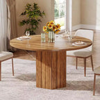 Table à manger en bois pour salle à manger, table ronde de 119 cm pour 4 personnes avec pied central et plateau rond en chêne