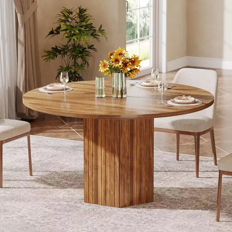 Table à manger en bois pour salle à manger, table ronde de 119 cm pour 4 personnes avec pied central et plateau rond en chêne