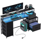 HOMCOM 67 Computer Desk with File Cabinet, Home Office Desk with Power Outlets and LED Lights, Monitor Stand and Printer Shelf