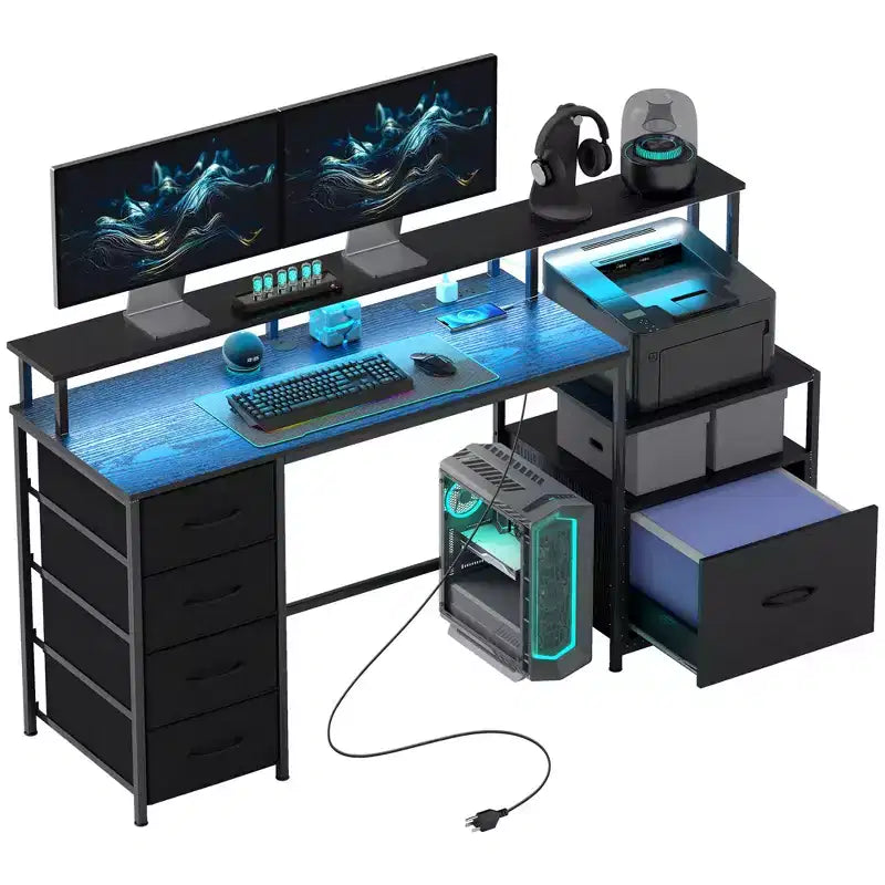HOMCOM 67 Computer Desk with File Cabinet, Home Office Desk with Power Outlets and LED Lights, Monitor Stand and Printer Shelf
