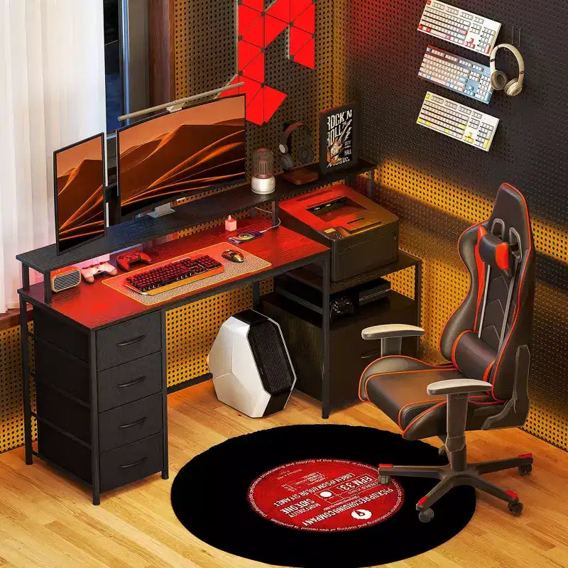 Bureau d'ordinateur 67" avec classeur, bureau à domicile avec prises de courant et lumières LED, support d'écran et étagère pour imprimante