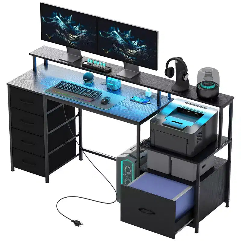 Bureau d'ordinateur 67" avec classeur, bureau à domicile avec prises de courant et lumières LED, support d'écran et étagère pour imprimante