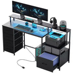 Bureau d'ordinateur 67" avec classeur, bureau à domicile avec prises de courant et lumières LED, support d'écran et étagère pour imprimante