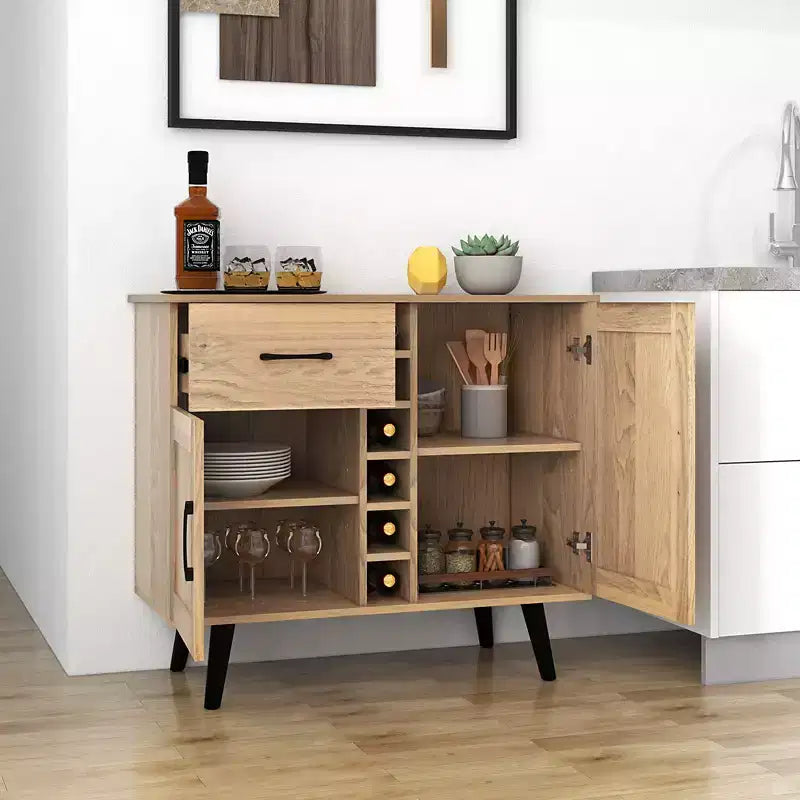 Meuble Buffet Bar à Vin 2 Portes avec Tiroir et Étagères Réglables, Noir/Naturel