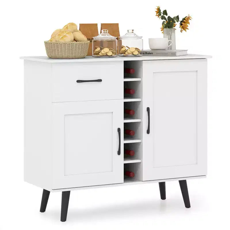 Meuble Buffet Bar à Vin 2 Portes avec Tiroir et Étagères Réglables, Noir/Naturel