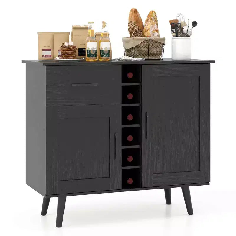 Costway 2-Door Wine Bar Cabinet Kitchen Sideboard Buffet with Drawer & Adjustable Shelves Black/Natural