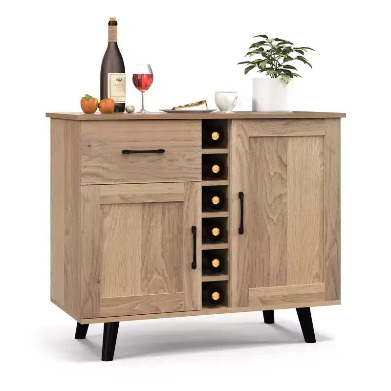 Meuble Buffet Bar à Vin 2 Portes avec Tiroir et Étagères Réglables, Noir/Naturel