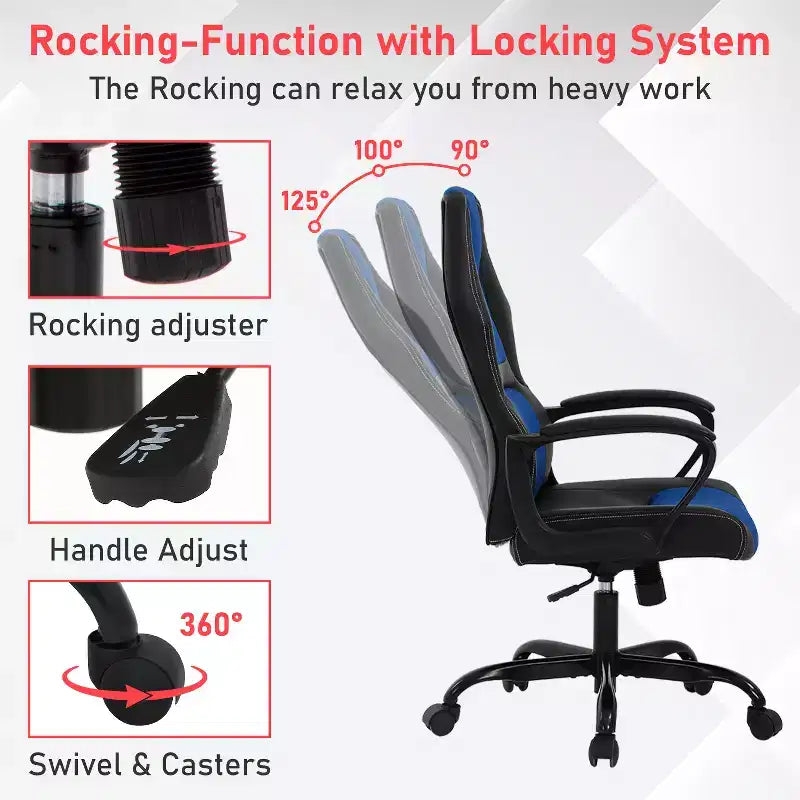 Chaise de jeu Chaise de bureau avec support lombaire Hauteur réglable Chaise de direction en cuir PU pour femmes hommes adultes