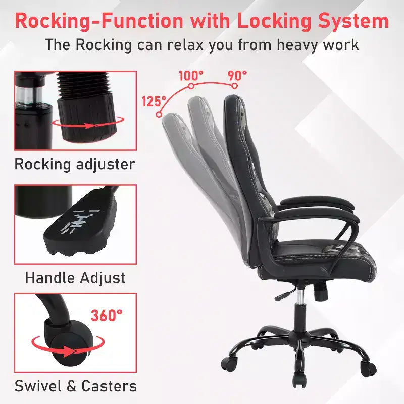 Chaise de jeu Chaise de bureau avec support lombaire Hauteur réglable Chaise de direction en cuir PU pour femmes hommes adultes