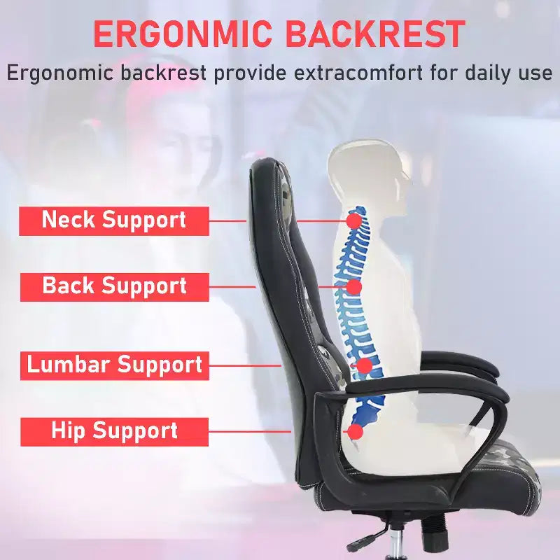 Chaise de jeu Chaise de bureau avec support lombaire Hauteur réglable Chaise de direction en cuir PU pour femmes hommes adultes