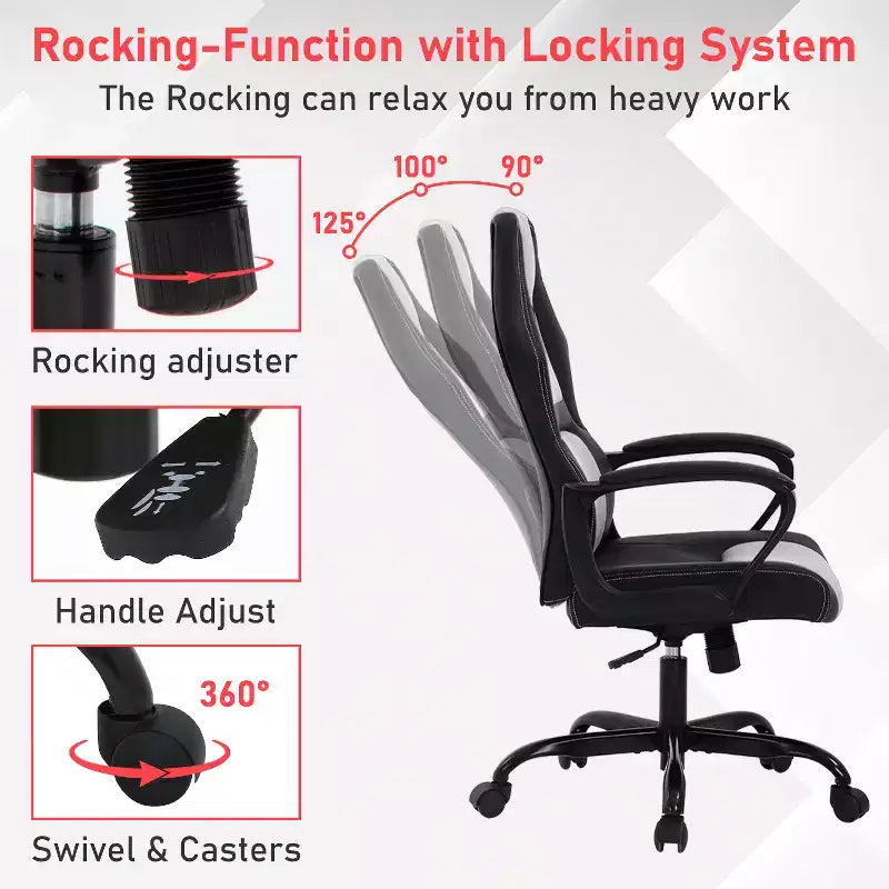 Chaise de jeu Chaise de bureau avec support lombaire Hauteur réglable Chaise de direction en cuir PU pour femmes hommes adultes