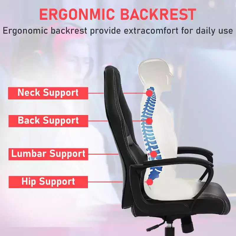 Chaise de jeu Chaise de bureau avec support lombaire Hauteur réglable Chaise de direction en cuir PU pour femmes hommes adultes