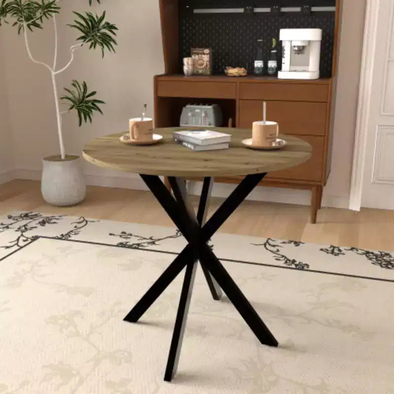 Round Dining Table, Small Circle Kitchen Table with Metal Black Legs for 2-4 people,Modern Dining Room Table, Brown (only table)