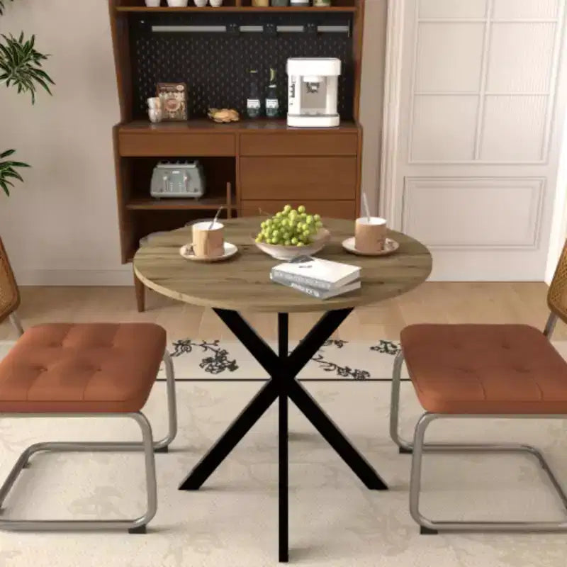 Table à manger ronde, petite table de cuisine circulaire avec pieds en métal noir pour 2 à 4 personnes, table de salle à manger moderne, marron (table uniquement)