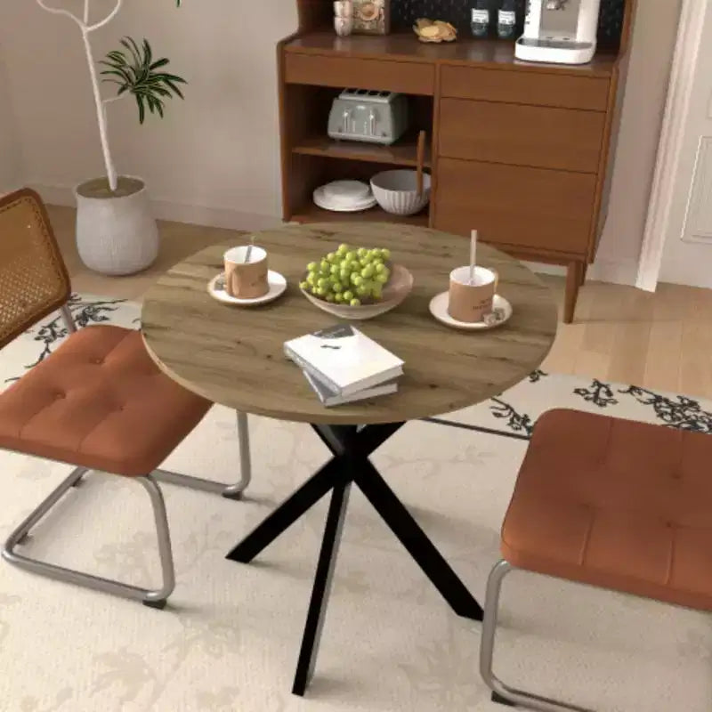 Table à manger ronde, petite table de cuisine circulaire avec pieds en métal noir pour 2 à 4 personnes, table de salle à manger moderne, marron (table uniquement)