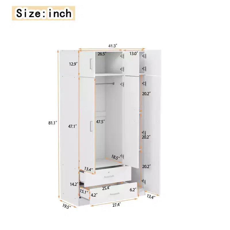 Armoire de rangement en bois à 3 portes avec miroir, 2 tiroirs, étagères, tringle à vêtements et placard supérieur