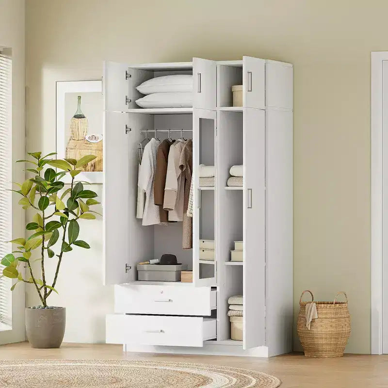 Armoire de rangement en bois à 3 portes avec miroir, 2 tiroirs, étagères, tringle à vêtements et placard supérieur