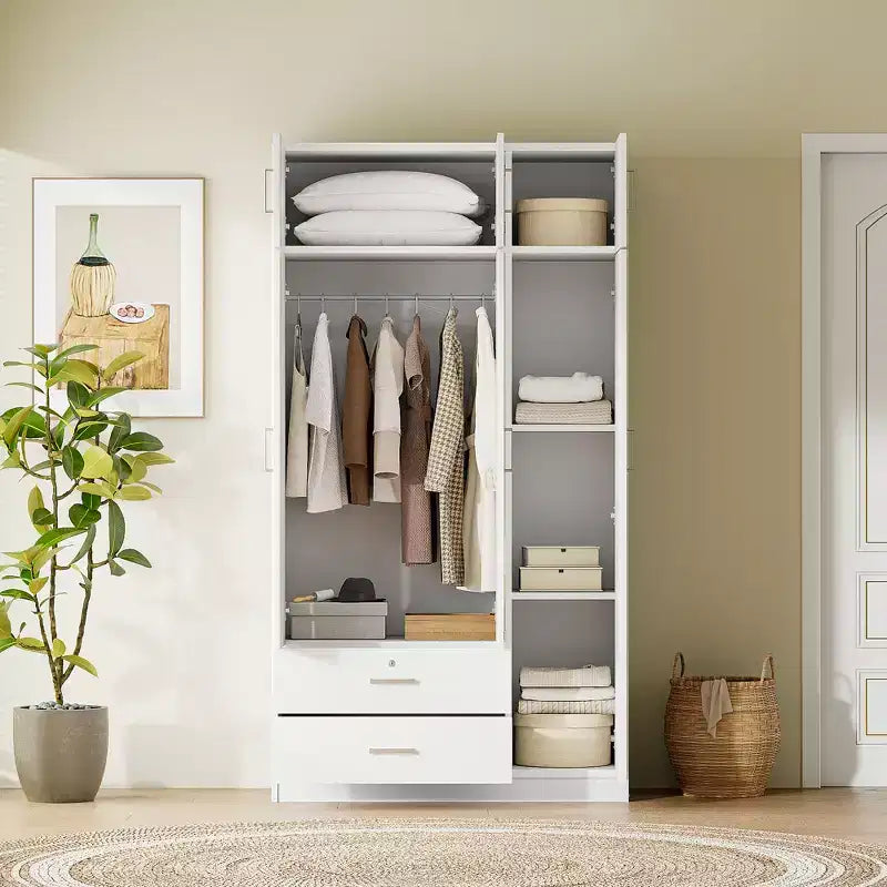 Armoire de rangement en bois à 3 portes avec miroir, 2 tiroirs, étagères, tringle à vêtements et placard supérieur