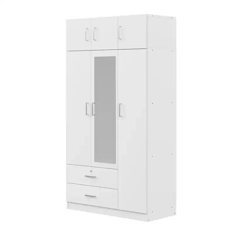 Armoire de rangement en bois à 3 portes avec miroir, 2 tiroirs, étagères, tringle à vêtements et placard supérieur