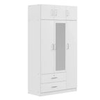 Armoire de rangement en bois à 3 portes avec miroir, 2 tiroirs, étagères, tringle à vêtements et placard supérieur