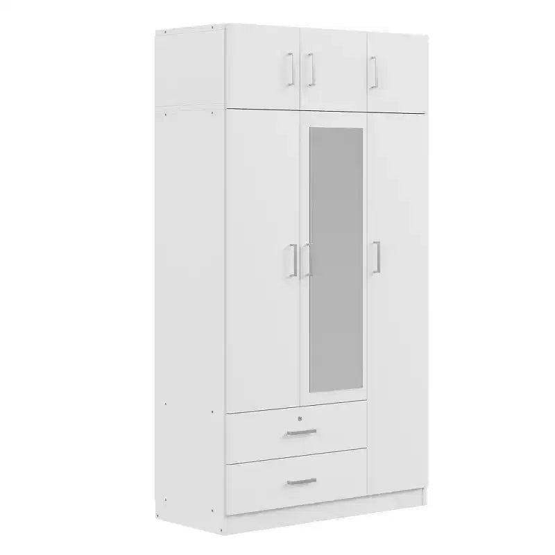 Armoire de rangement en bois à 3 portes avec miroir, 2 tiroirs, étagères, tringle à vêtements et placard supérieur