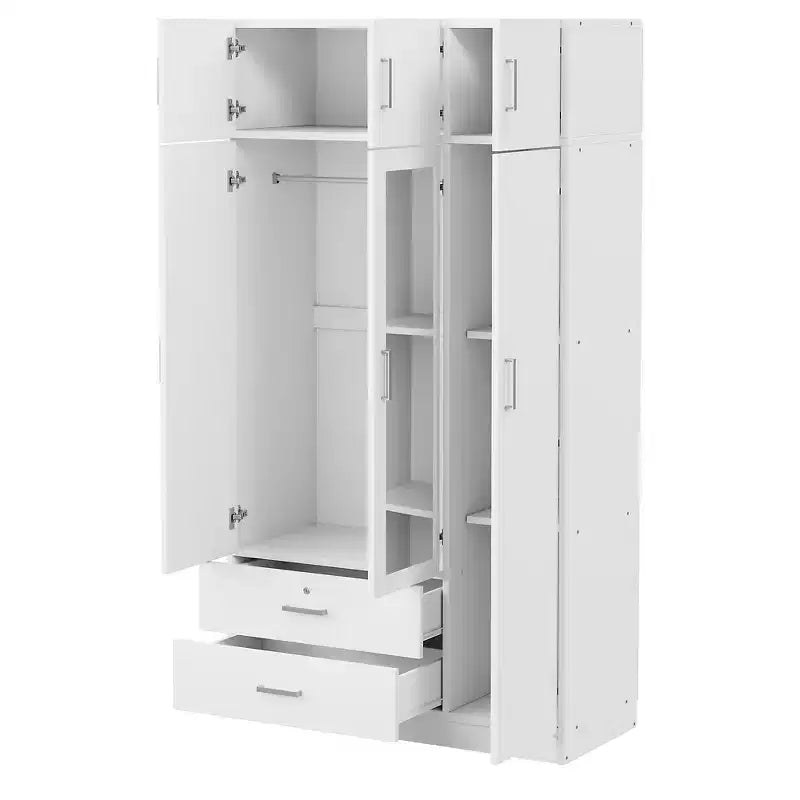 Armoire de rangement en bois à 3 portes avec miroir, 2 tiroirs, étagères, tringle à vêtements et placard supérieur