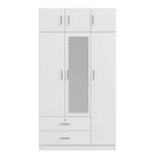 Armoire de rangement en bois à 3 portes avec miroir, 2 tiroirs, étagères, tringle à vêtements et placard supérieur