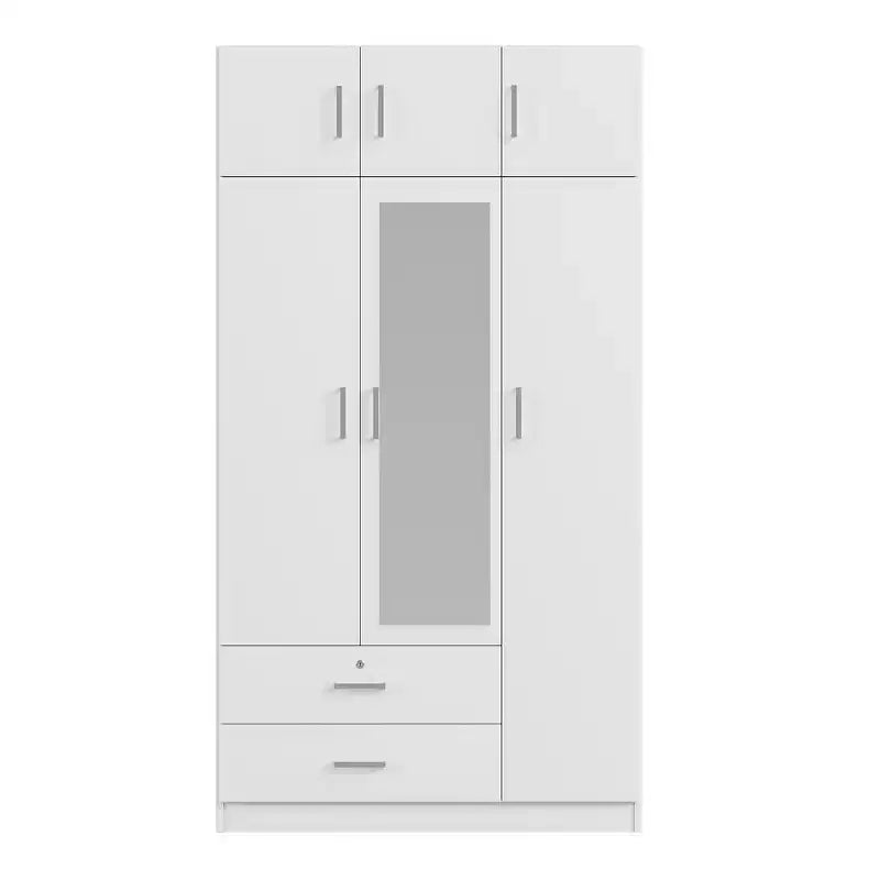 Armoire de rangement en bois à 3 portes avec miroir, 2 tiroirs, étagères, tringle à vêtements et placard supérieur