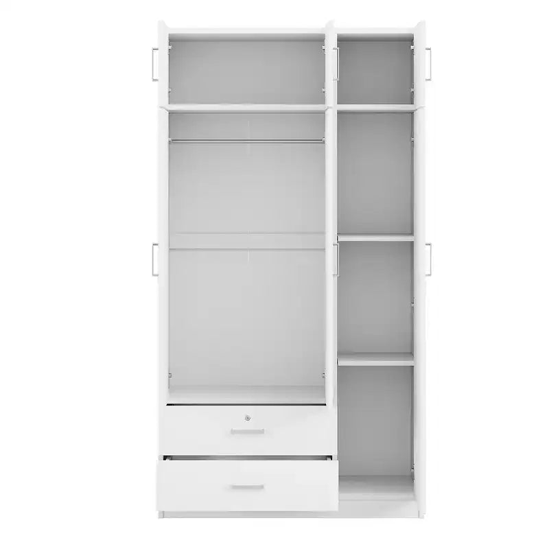 Armoire de rangement en bois à 3 portes avec miroir, 2 tiroirs, étagères, tringle à vêtements et placard supérieur
