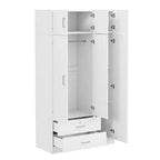 Armoire de rangement en bois à 3 portes avec miroir, 2 tiroirs, étagères, tringle à vêtements et placard supérieur