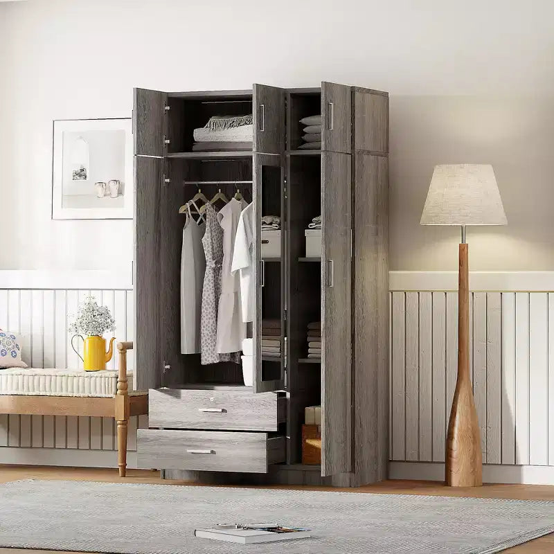 Armoire de rangement en bois à 3 portes avec miroir, 2 tiroirs, étagères, tringle à vêtements et placard supérieur