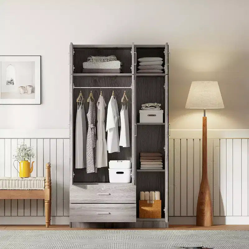Armoire de rangement en bois à 3 portes avec miroir, 2 tiroirs, étagères, tringle à vêtements et placard supérieur